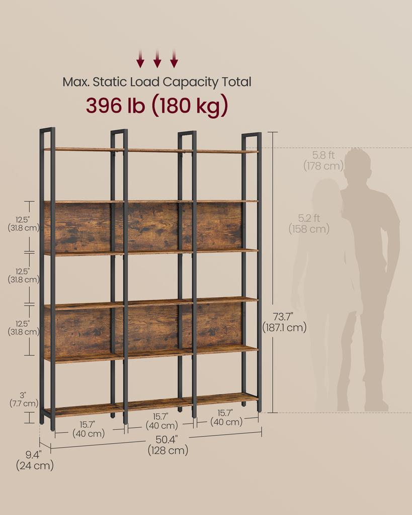 VASAGLE 6-Tier Bookshelf, Book Shelf, Industrial Bookcase, with Steel Frame, for Living Room, Home Office, Bedroom, 24 x 128 x 187.1 cm