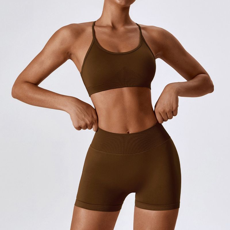 

Latte Girl Fashion Sexy Beauty Back Yoga Clothes Workout Clothes Suit Running Quick-Drying Tight Sports Female Bubble Wrap Bra + Shorts Brown XL