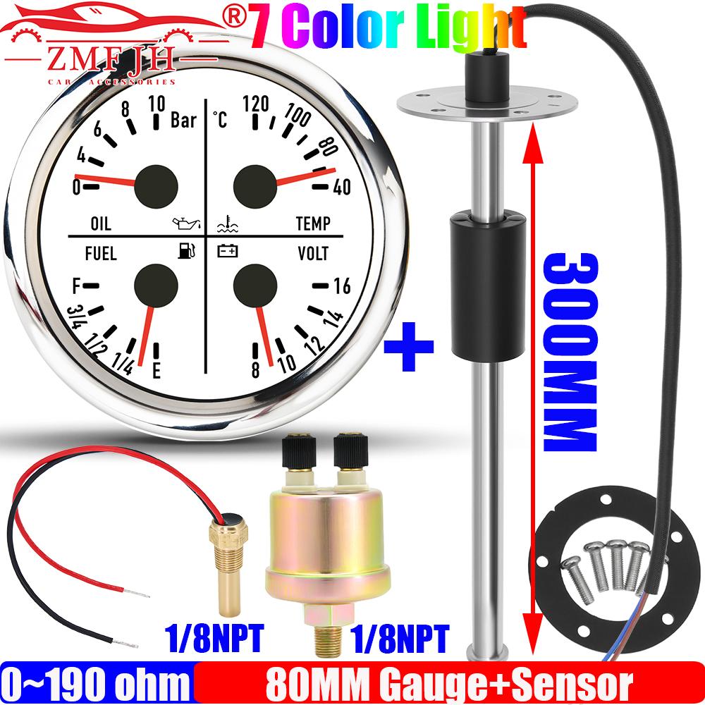 ZMFJH Marine Boat Yacht Car 80MM Oil Pressure+Water Temperature+Fuel Level Gauge+Voltage 7 Color with Oil Float Sensor 100-550MM