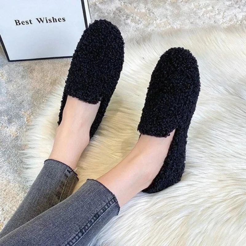 Fashion New Women's Fur Flat Shoes Autumn Keep Warm Plush Shallow Slip On Casual Shoes for Women Loafers Outdoor Women's Walking Shoes
