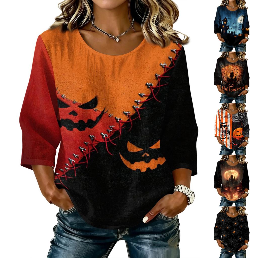 Women's Happy Halloween Print Blouse - Round Neck Three-Quarter Sleeve Cotton Linen Casual Top for Holiday Costume and Everyday Wear