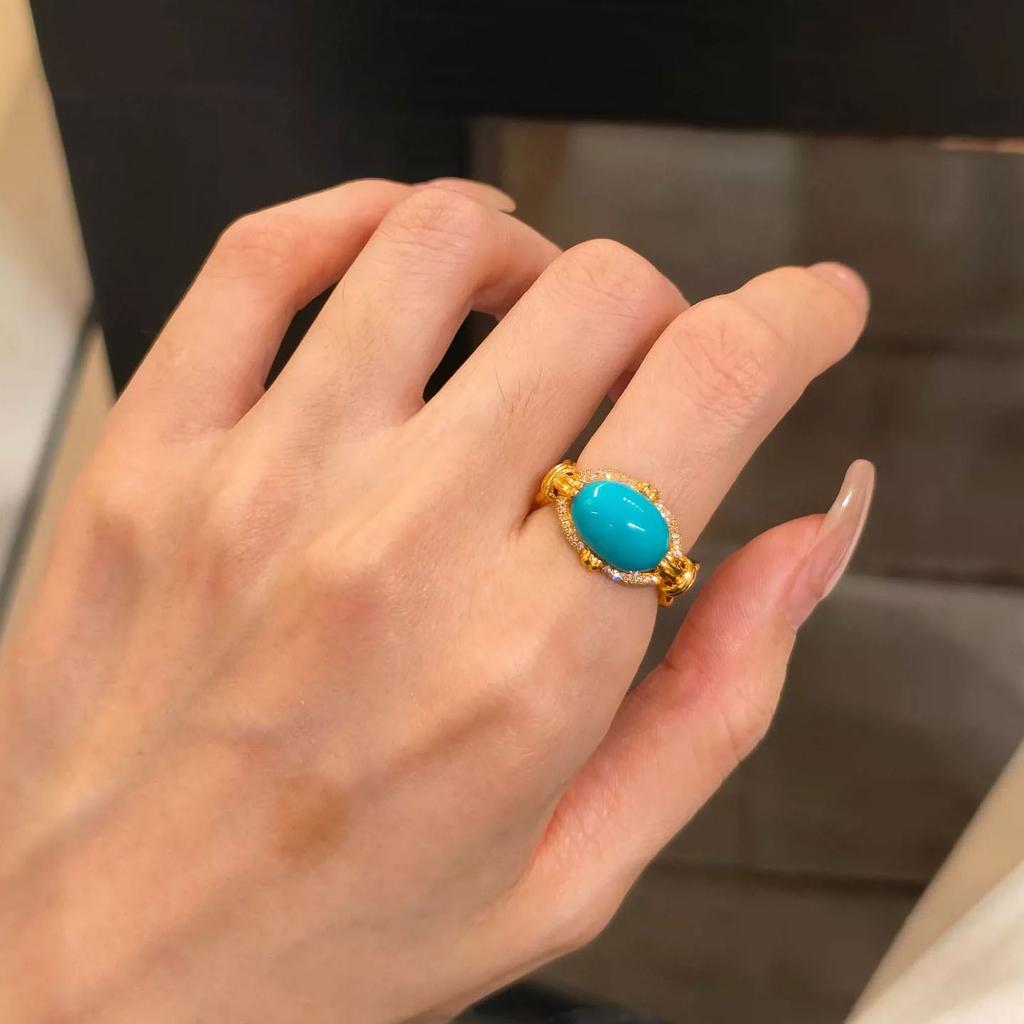 Vintage diamond inlay oval turquoise rings for women layered style blue ring exquisite fashion high-end banquet jewelry gifts