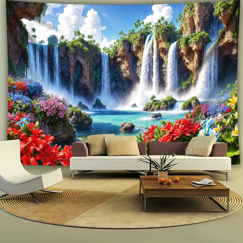 Bright Waterfall Nature Tapestry Wall Hanging, Colorful Floral Tropical Tapestry for Bedroom Living Room