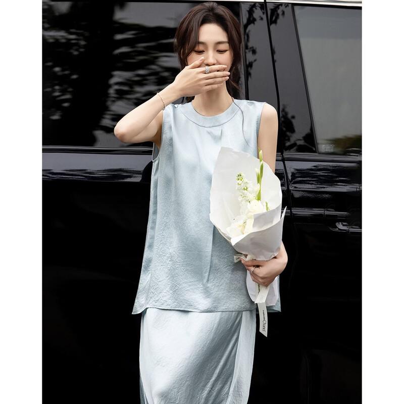 Demana Women's 100% Acetate Sleeveless Top & Satin Skirt Set