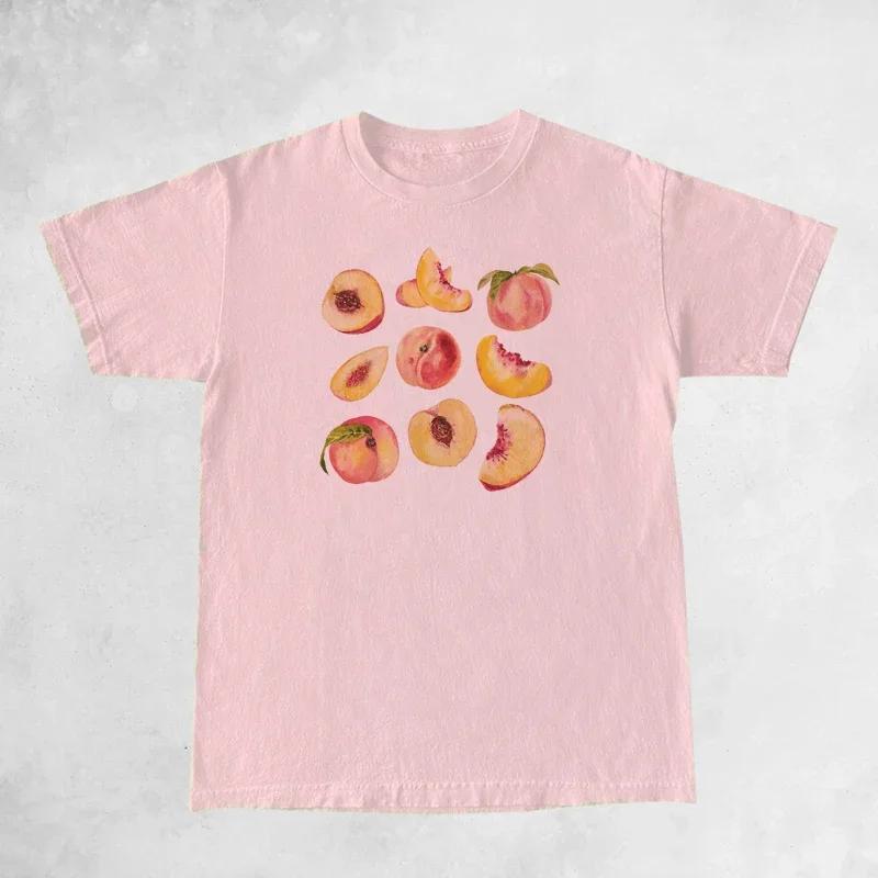 Vintage Peaches Printed Graphic Tees Women Cute Cottagecore Aesthetic TShirts Short Sleeve FeUnisex Retro Grunge Tops Clothes