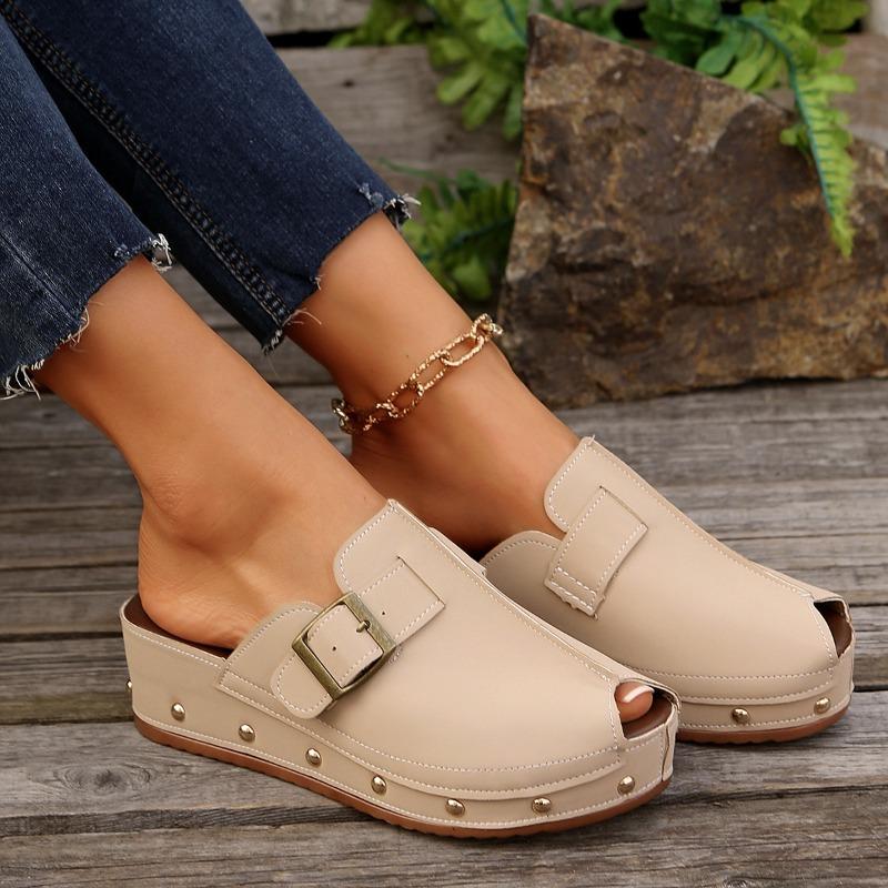 New Slippers Fashion Summer Versatile Women Shoe Thick Fish Mouth Simple Sandals Retro Classic Belt Buckle High Heel Slippers