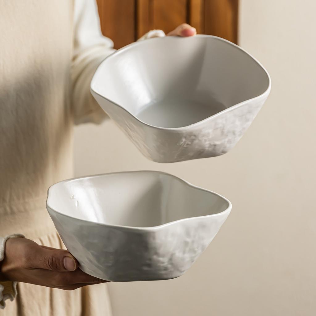 Premium Sense White Special-Shaped Bowl Ceramic Household Salad Bowl Vegetable Bowl Noodle Restaurant Special Noodle Bowl Simple Tableware Bowl