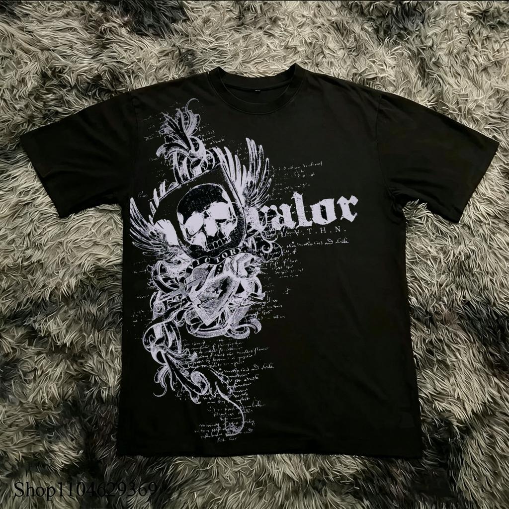 Vintage Y2k Affliction Guitar Wings Grunge Graphic Short Sleeve Print TShirt Unisex Unisex Cotton Harajuku Vintage Streetwear Tops