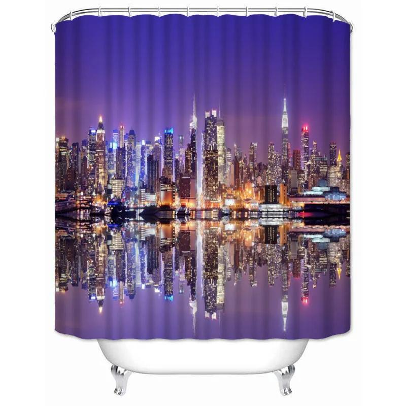New York City Skyline Building Night View Shower Curtain Modern Bathroom Curtain Polyester Fabric Bath Curtain With Hooks