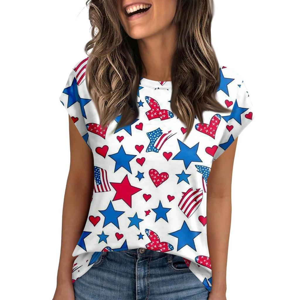 Women's Round Neck Short Sleeve Mid-Length T-Shirt Loose Casual Independence Day Printed Short Sleeve T-Shirt Top