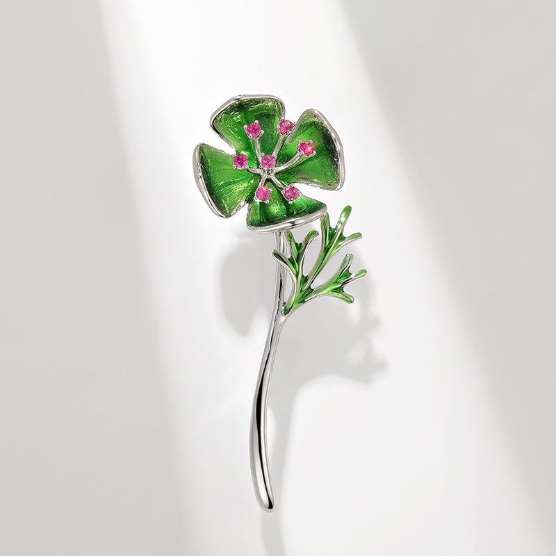 Exquisite Green Enamel Flower Brooch for Sweaters