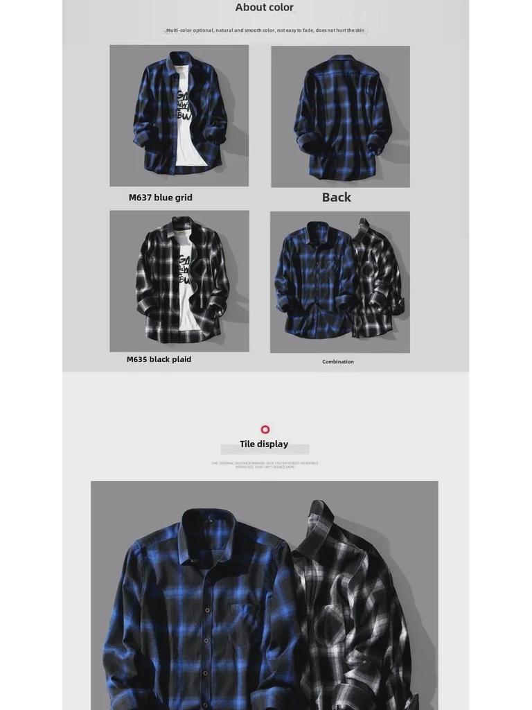 Men's Korean-Style Black and White Plaid Long-Sleeve Casual Shirt