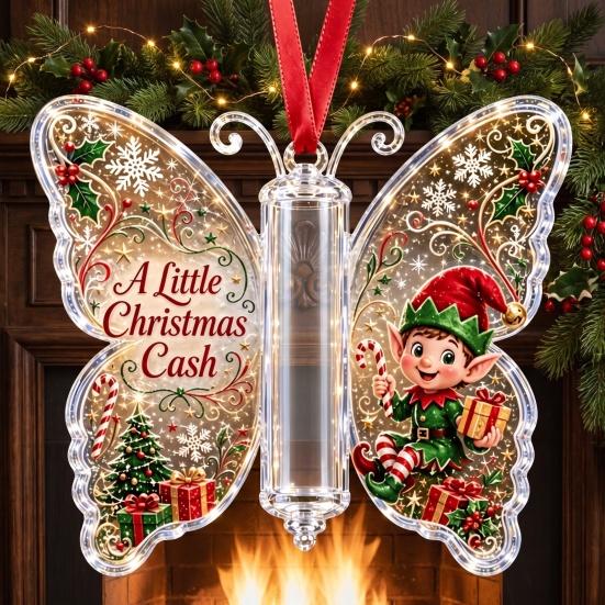Weihnachtsbaum-Hänge-Dekoration Bargeld-Geschenk-Schmuckstück, Acryl-Schmetterling Geldhalter mit Eingebaut?in Ornament für durchsichtiges Fach, Weihnachtsbaum,