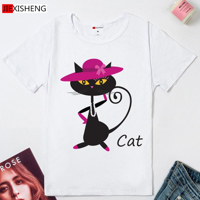 

Jixisheng Fashion Women T Shirt Cartoon Kawaii Cat Printing Tshirts Brand Woman Clothing Tops Tees XXXL білий
