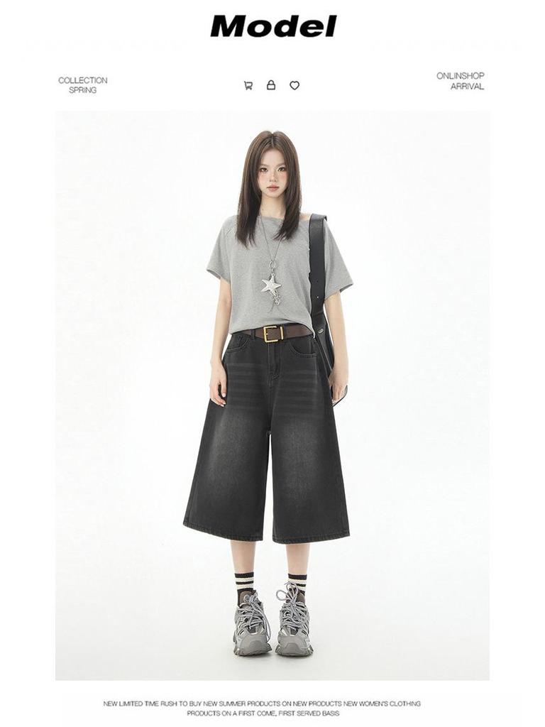 Women's American Retro High Waist Seven-Point Denim Shorts - Spring/Summer 2026, Slimming Wide-Leg Mid-Length Design.