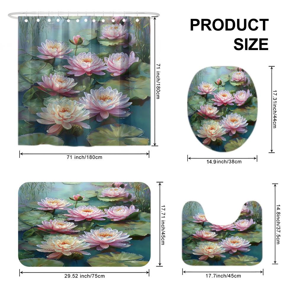 4Pcs Lotus Blooming Beauty Shower Curtain Set with Non-Slip Bath Mat, Toilet Lid Cover, Contour Rug & 12 Hooks, Bathroom Decor