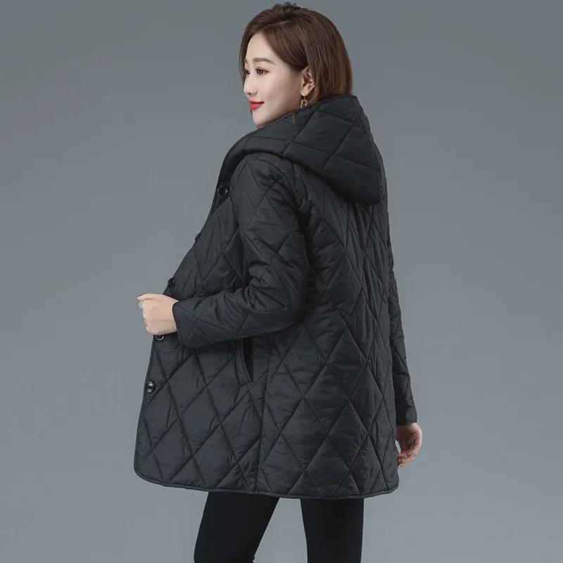 Women's Hooded Diamond-Quilted Winter Jacket 2024 - Solid Color, Warm Cotton, Long-Sleeved.