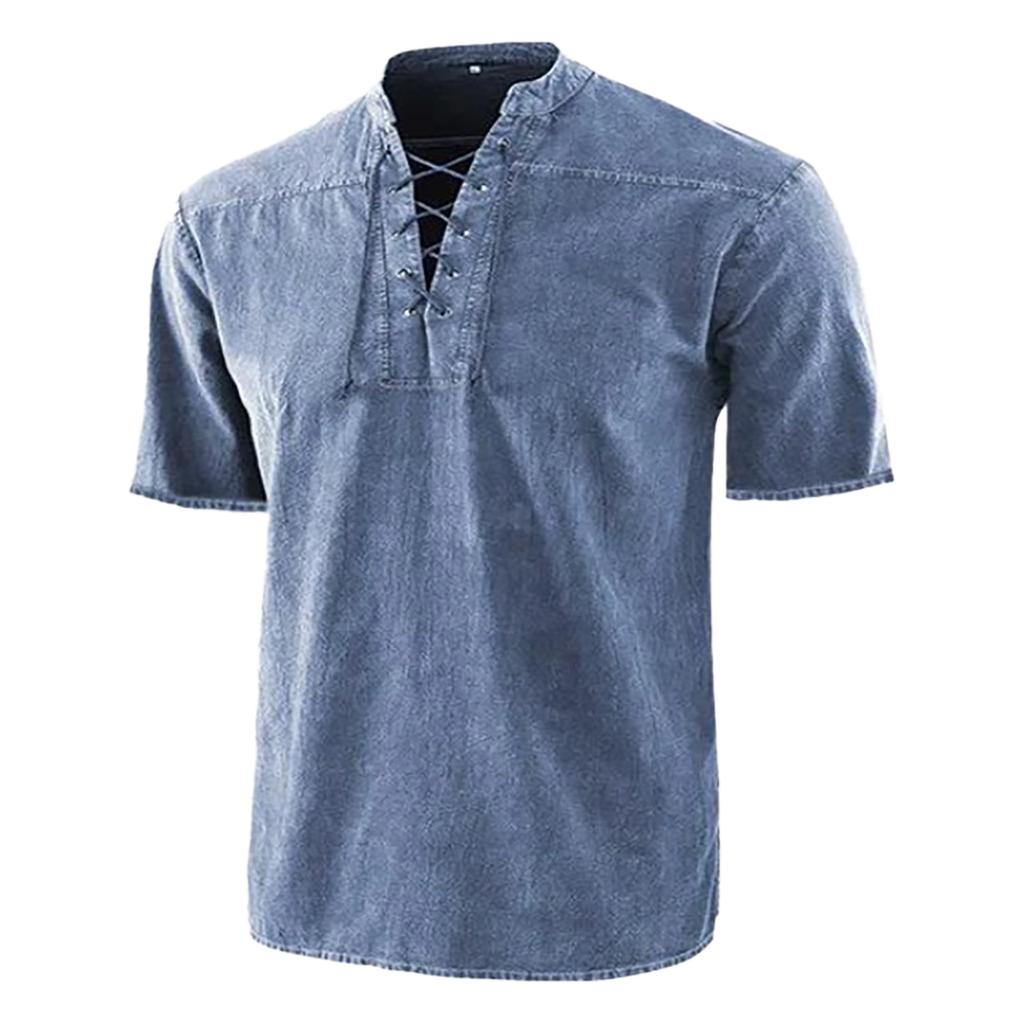 Men's Casual, Fashionable, Retro Lace-up Stand-up Collar Pullover Short-sleeved Top