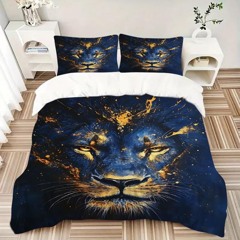 3pcs Lion Face Artwork Duvet Cover Set - Machine Washable, Includes 1 Cover and 2 Pillowcases, No Core Included Yy251013045