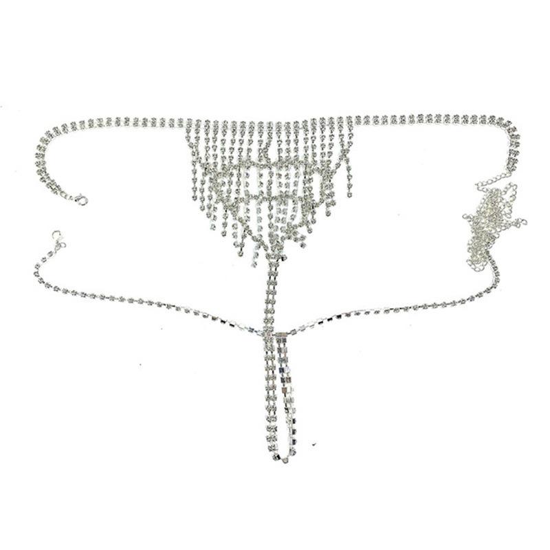 European and American Fashion Sexy Shiny Rhinestone Bra Panties Body Chains Women s Beach Bikini Chain Silver