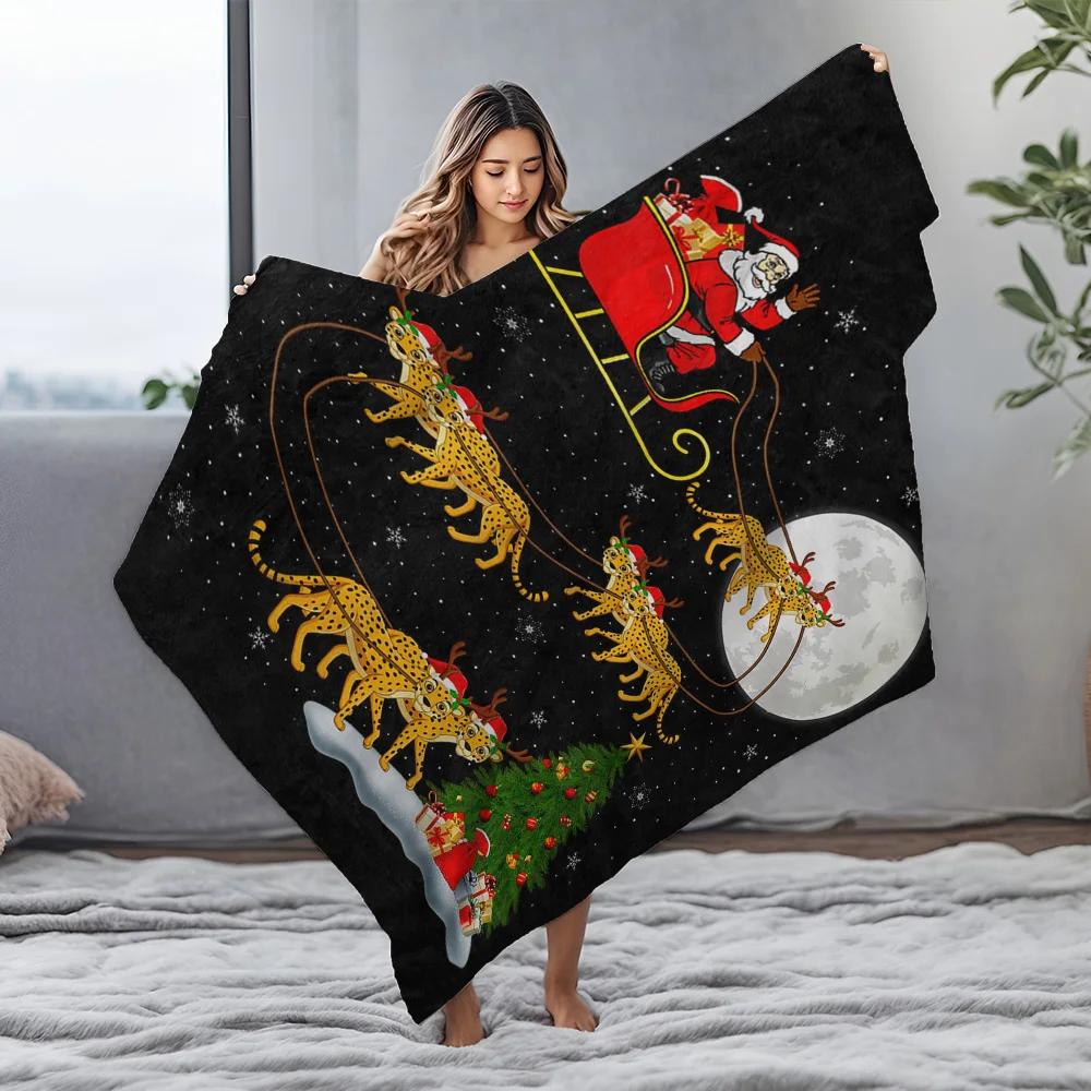 Cheetah Sleigh Christmas Fleece Blanket, Santa with 6 Leopards Under Moonlight, Fantasy Holiday Throw for Unique Decor