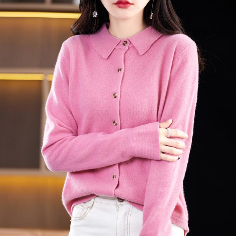 Women's POLO Neck Sweaters Fashion Cardigans Casual Solid Color Print Autumn Winter Long Sleeve