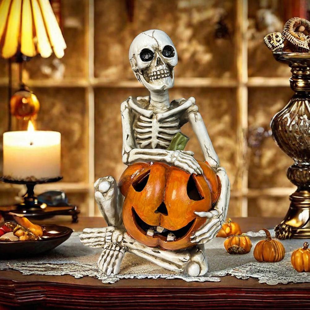 Pumpkin Skeleton Statue Halloween Skeleton Decor Spooky Halloween Skeleton Pumpkin Statue with Skull Crow for Home for Halloween