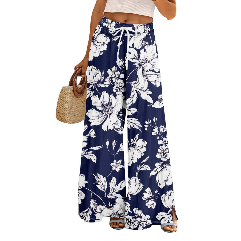 Women Summer Boho Palazzo Pants High Waist Wide Leg Rinting Casual Trousers With Pockets