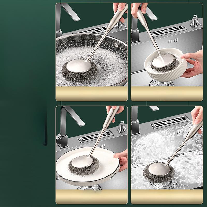 Household Stainless Steel Pot Brush Lengthen. Kitchen Specific Brush Pot Artifact Cleaning Brush. Long Handle Universal Steel Wire Ball Brush