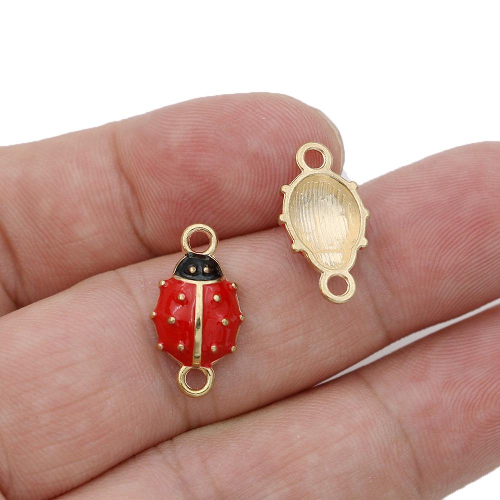 10Pcs Gold Plated Enamel Flower Ladybug Charm Connectors For Jewelry Making Bracelet Accessories Diy Findings 18X15Mm