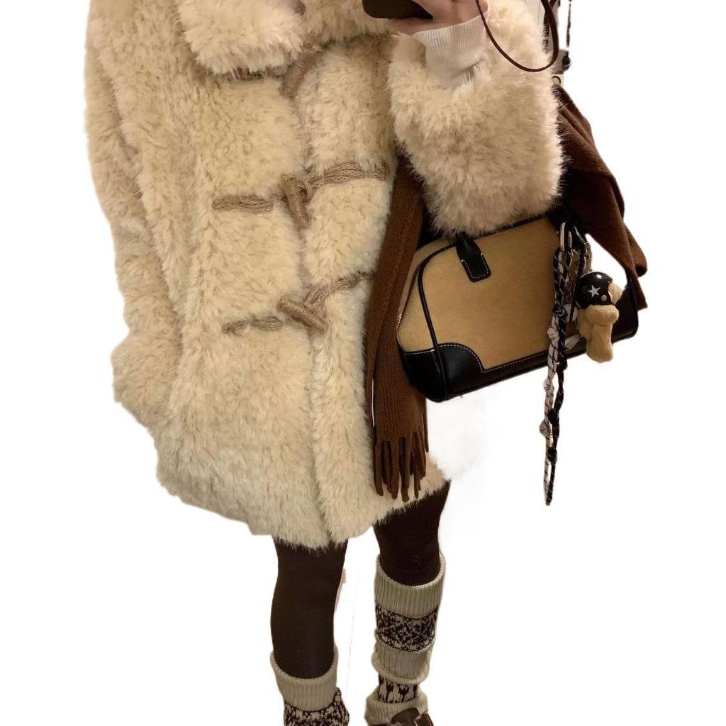 Women's Eco-friendly Horn Button Lambswool Coat - Mid-length, Thickened Fur, 2025 Autumn/Winter Style