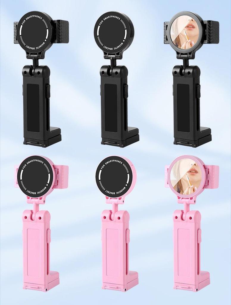Portable Foldable Adjustable Phone Holder with Rotatable Clip and Beauty Mirror for Travel