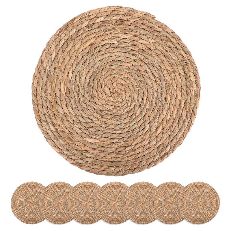 

8Pcs Round Woven Placemats Set Natural Hand-Woven Water Hyacinth Placemat Straw Braided Rattan Mats for Kitchen Dining Table About 12 Inch&Round