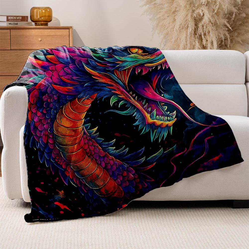 1Pc Multicolor Neon Rainbow Dragon Scale Plush Fleece Blanket - Heavy-Duty All-Season Bedspread With Chinese-Inspired Black Back