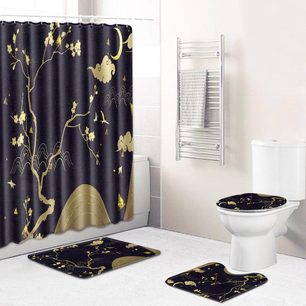 Chinese Antique Bronzing Night Flower Bathroom Floor Mat Shower Curtain Combination Floor Mat Support