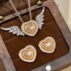 Romantic High-End Studded Diamond Fritillaria Heart-Shaped Wings Necklace Earrings For Women Luxurious Retro Design Jewelry Sets