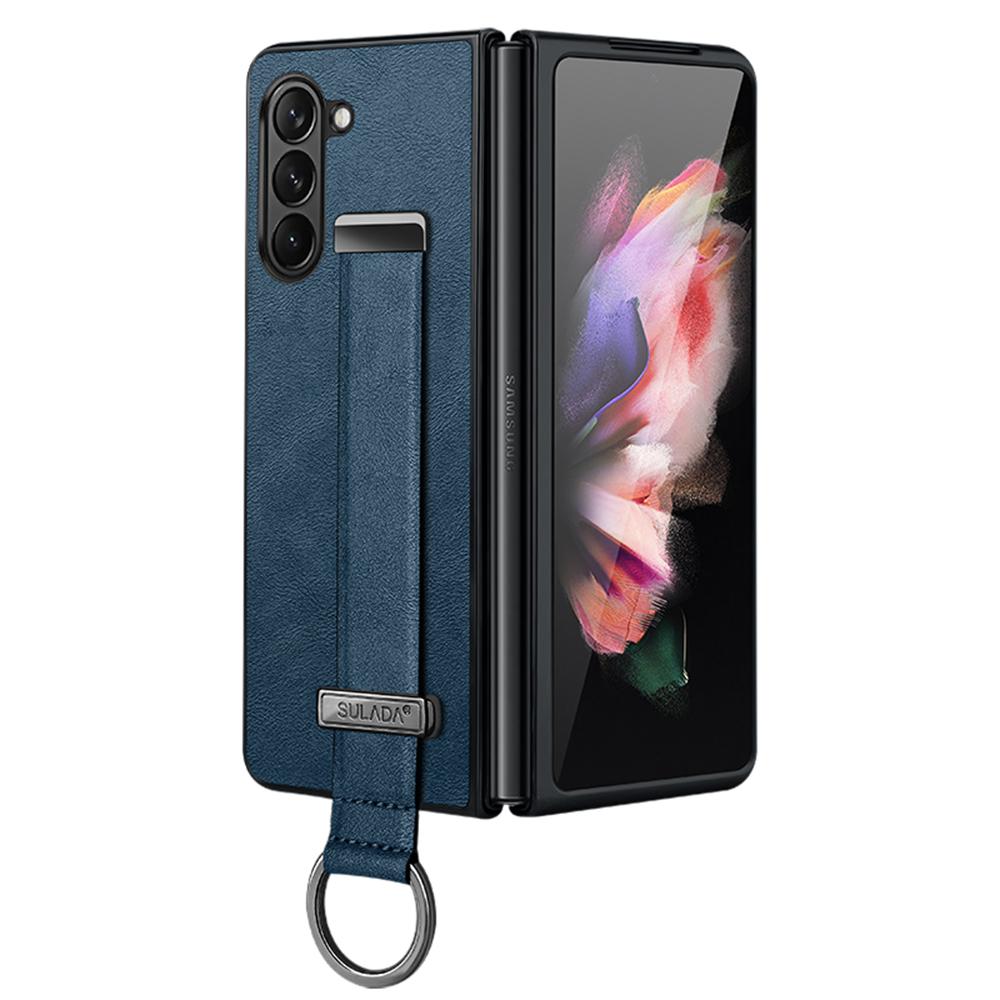 

SULADA Fashion Series for Samsung Galaxy Z Fold5 5G Wristband Kickstand Phone Case Leather Coated PC Cover Blue
