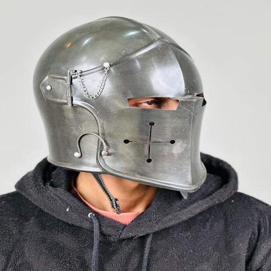 Grey Barbuta Helmet Medieval Knight Armor 18g Mild Steel LARP Cosplay Halloween Costume Barbuta Visored Warrior Helmet