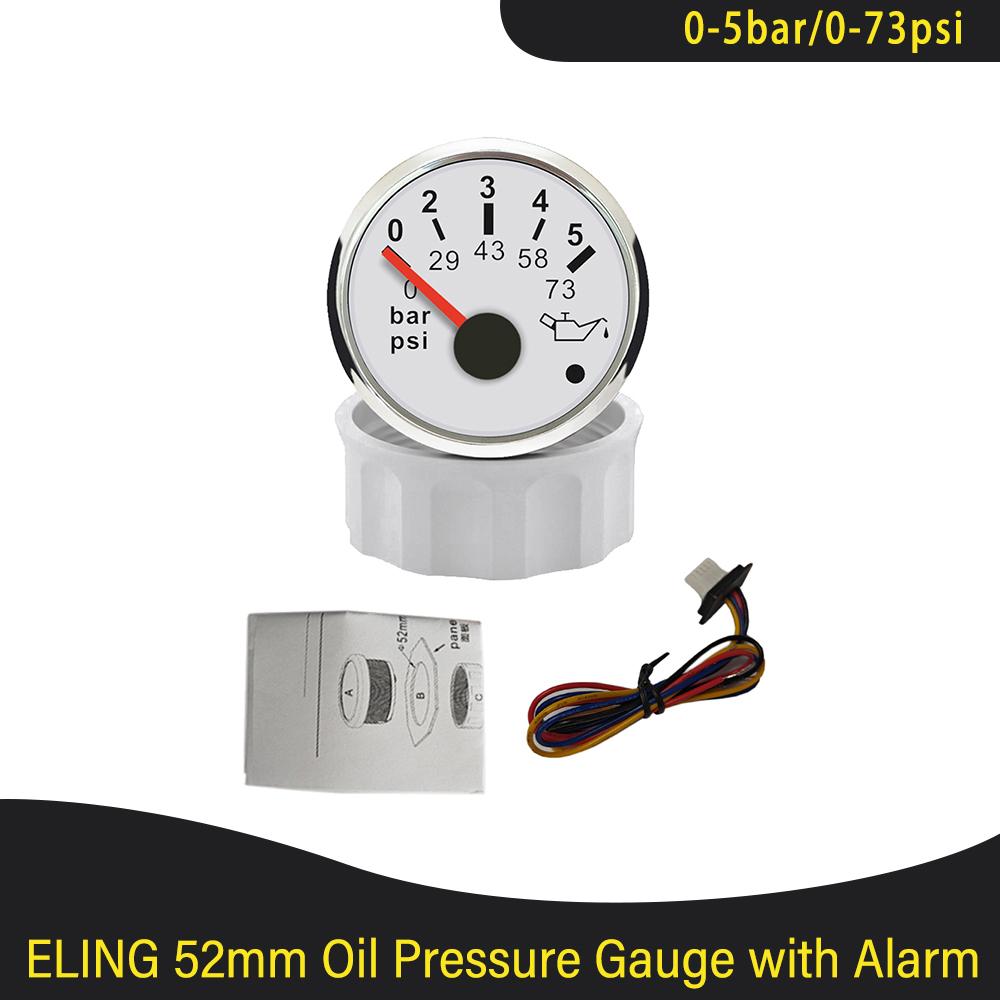 52mm Oil Pressure Gauge Meter 0-5Bar 0-10Bar with Red Backlight with Light Alarm for Van Ships Motorcycle Universal 9-32V 0-5Bar WS