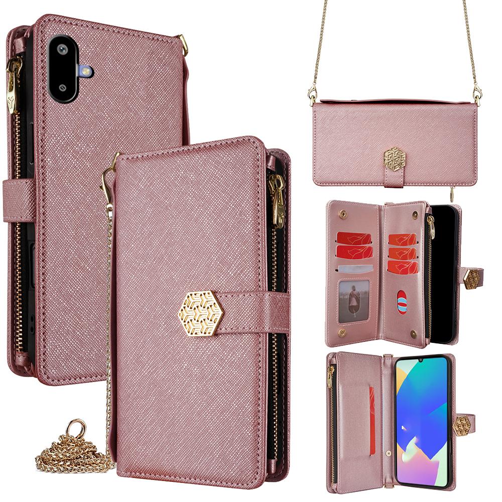 

For Samsung Galaxy F06 5G Case Cross Texture PU Leather+TPU Wallet Phone Cover with Strap Rose Gold