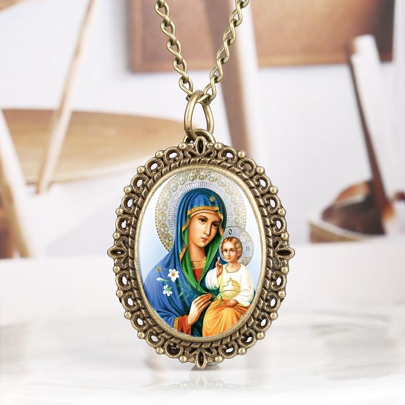 Makellose katholische gesegnete Jungfrau Maria Quarz Taschenuhr Souvenir Anhänger Halskette Uhr Geschenke für Frauen als Sammlerstücke