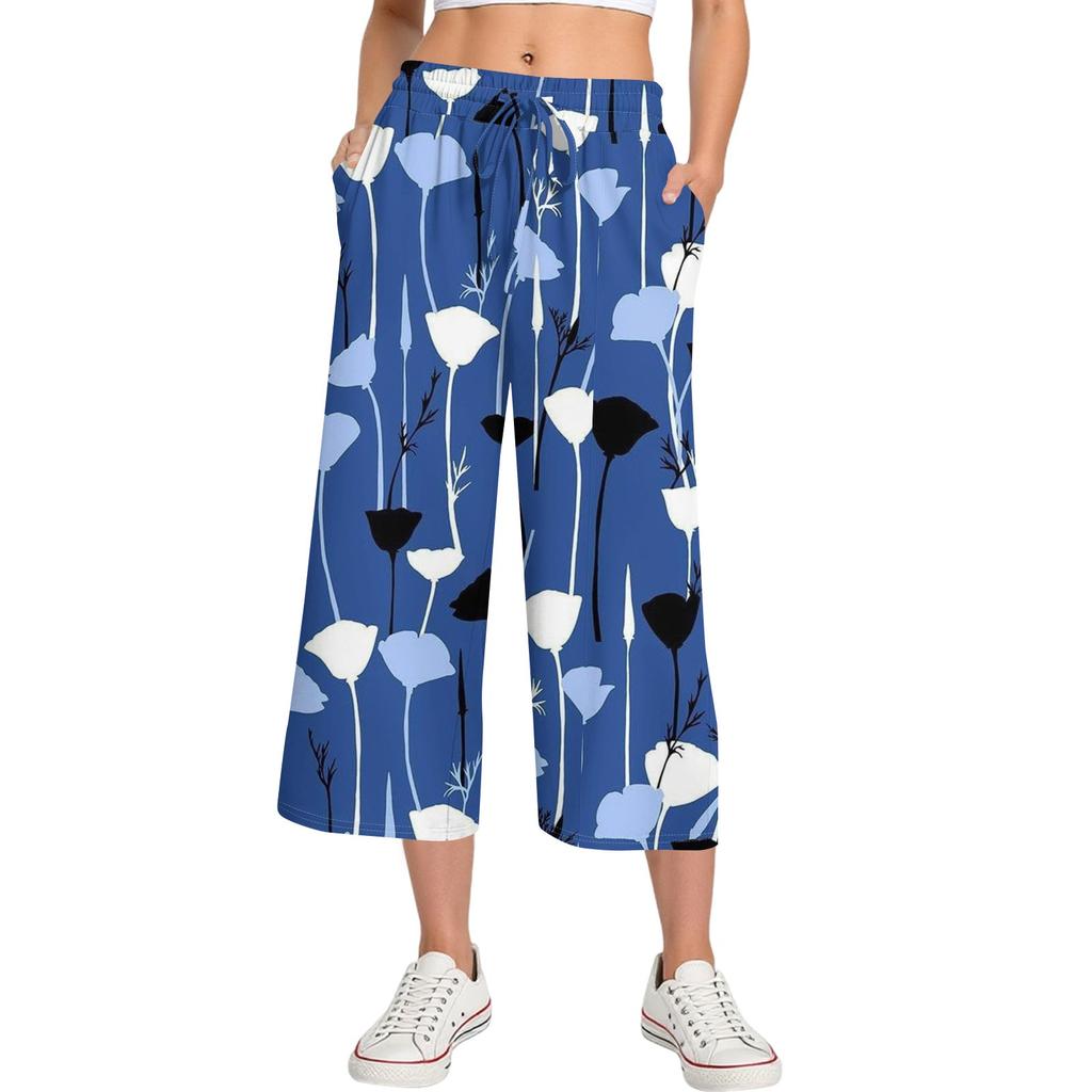 Damen Sommer Hohe Taille Bedruckte Freizeit-Sportbekleidung Lässige Cropped-Hose Weite Hose