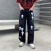 Mens Loose Straight Cut Denim Jeans With Embroidered Patch Art American Streetwear Style Low Rise Wide Leg Trousers