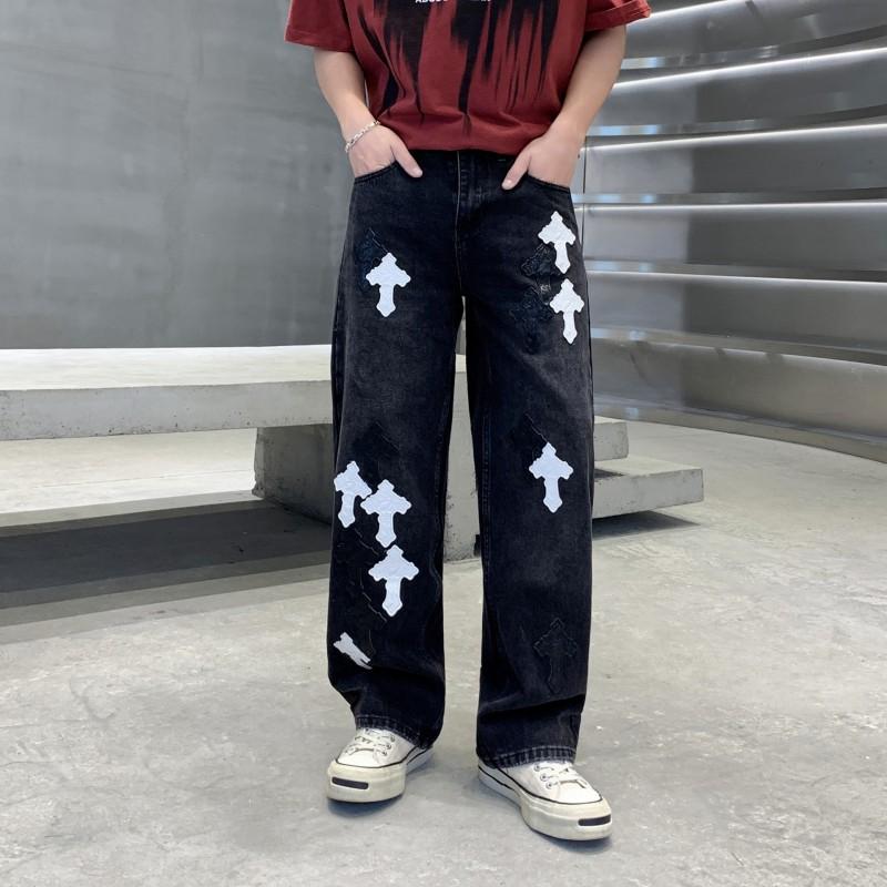 Mens Loose Straight Cut Denim Jeans With Embroidered Patch Art American Streetwear Style Low Rise Wide Leg Trousers