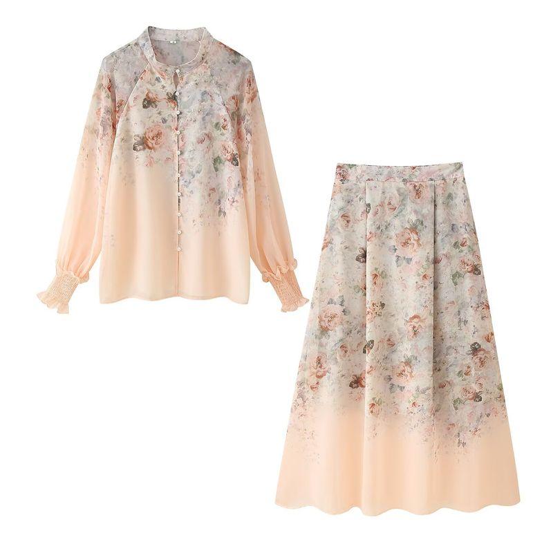 Kaslead New Women Clothes Western Style Fashion Stand Collar Flower Print Long Sleeve Shirts Skirt
