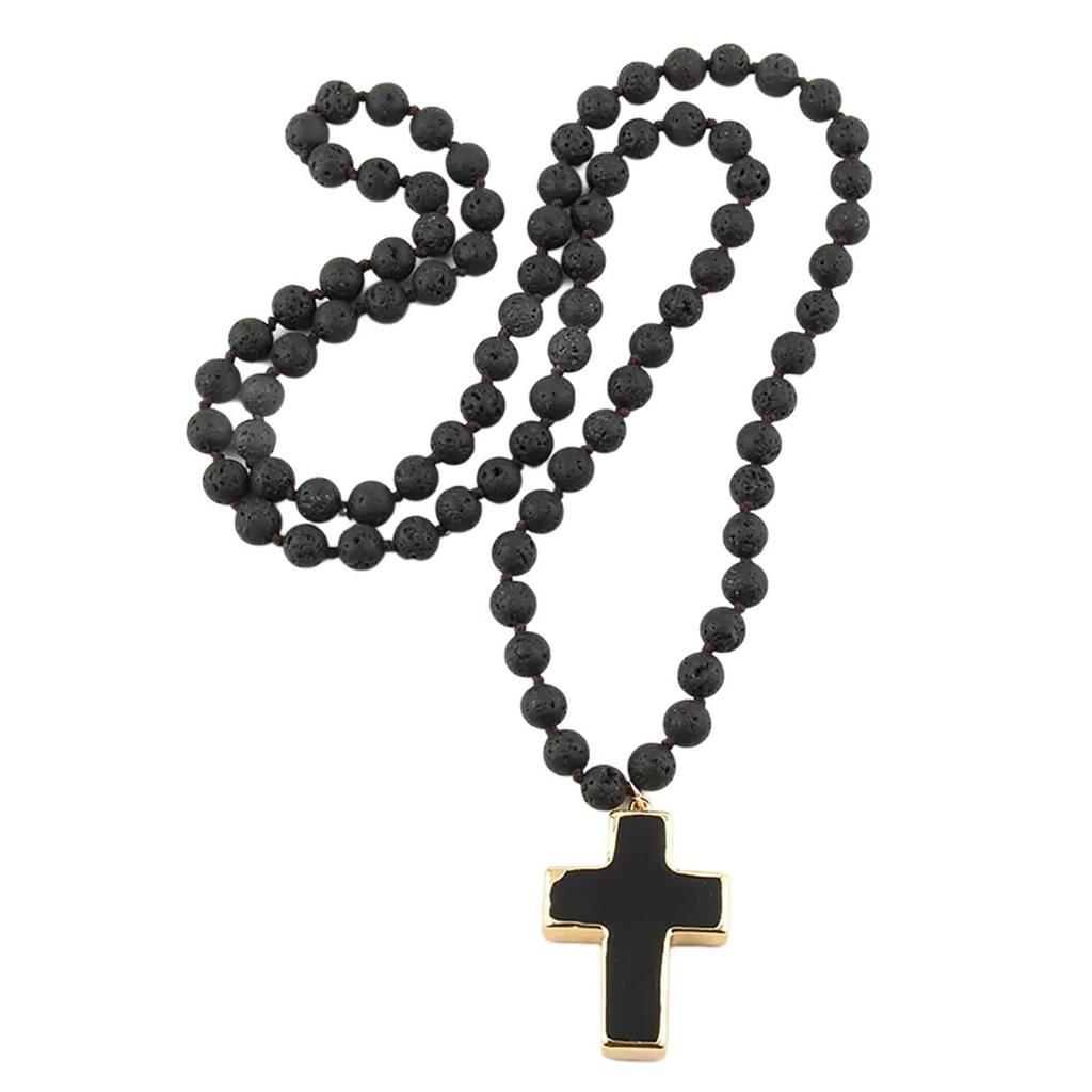 Ethnische Stil Schlüsselbein Kette 8mm Mattierter Natürlicher Stein Kruzifix Anhänger Halskette Verstellbare Länge Halskette für Damen