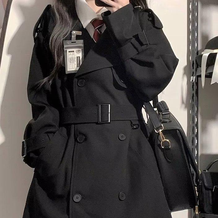 Petite Women's Black Trench Coat - 2023 Autumn/Winter Korean High Street, British Mid-Length Style