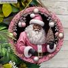 Pink Christmas Wooden Sign with Black Santa Claus Pattern - Navidad Round Sign for Yard Door Wall Hanging Decor - Ideal Christmas Decoration