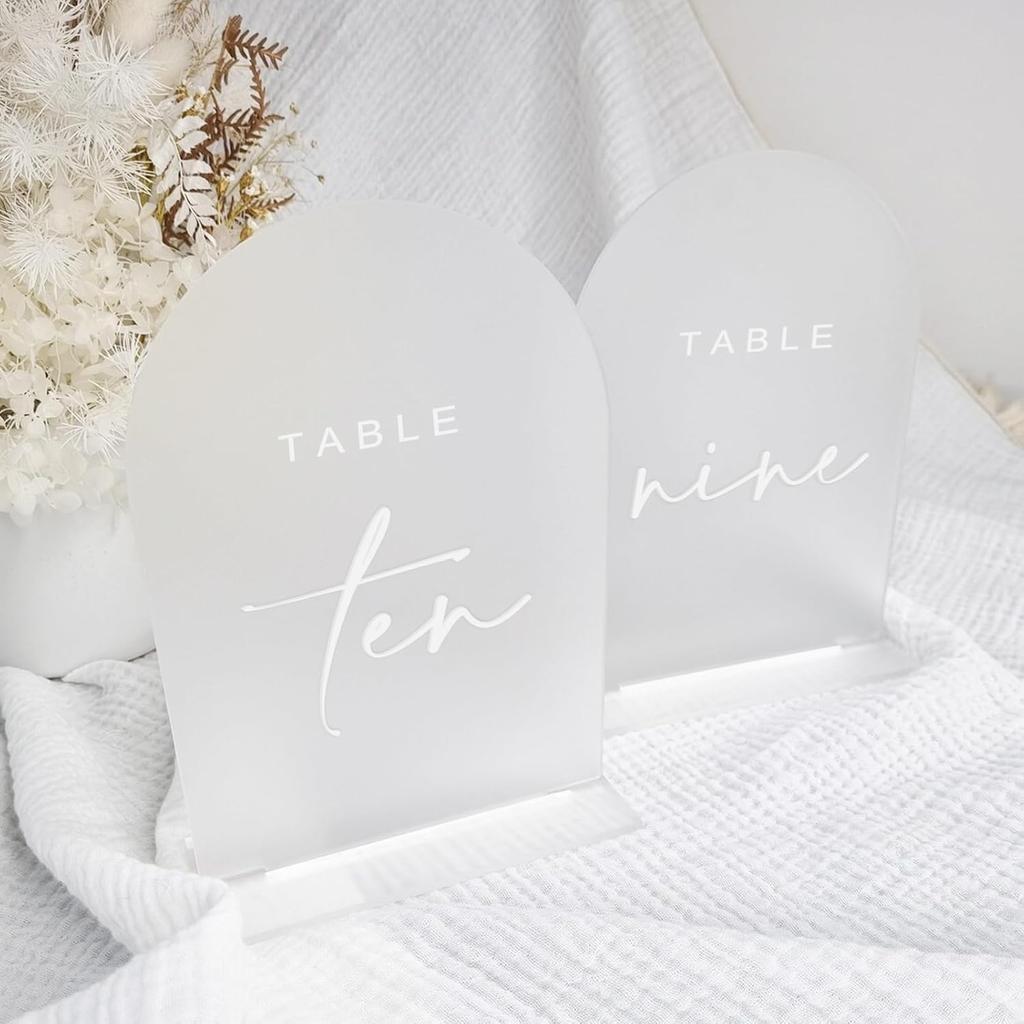 Frosted Arched Wedding Table Numbers 1-10 with Stands, 5x7 Inch Acrylic Arch with White Numbers, 3D Acrylic Table Numbers for Wedding Reception