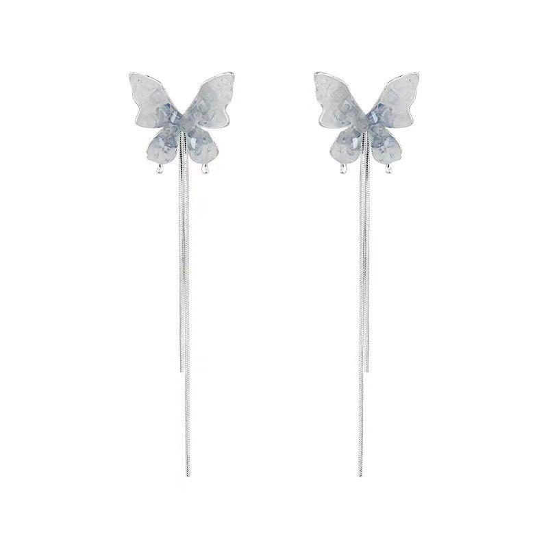 Sweet Temperament Gradual Change Butterfly Tassel Long Earrings Women, Niche Design Show Face Thin Earrings Earrings